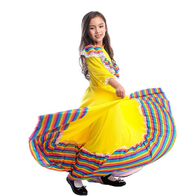 CAFELE فستان تقليدي مكسيكي للبنات بأسلوب وطني فستان أميرة لعيد الهالوين وكرنفال عيد الميلاد (أصفر، صغير) - Image 3